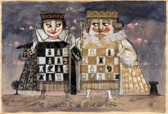 Paolo Fresu - Opere uniche - Re scacco e la regina nera - tecnica mista su carta - cm 50x70 - Galleria Casa d'Arte - Bra (CN)