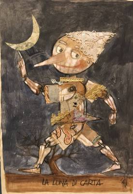 Paolo Fresu - Opere uniche - La luna di carta - tecnica mista su carta con collage - cm 35x50 - Galleria Casa d'Arte - Bra (CN)